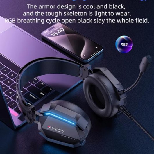 Auriculares Yesido EK03 avec câble USB, micro, éclairage RGB et design over ear noir
