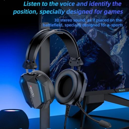 Auriculares Yesido EK03 avec câble USB, micro, éclairage RGB et design over ear noir