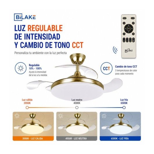 Ventilador de Techo con Luz Bilake Two 50W 108cm Motor DC Aspas Retráctiles Bluetooth Mando Función Invierno
