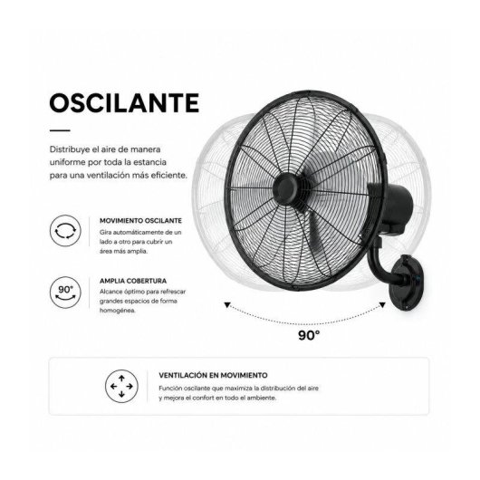 Ventilador de Pared Bilake Arrecife 120W 55cm Oscilante Silencioso Cabezal Orientable