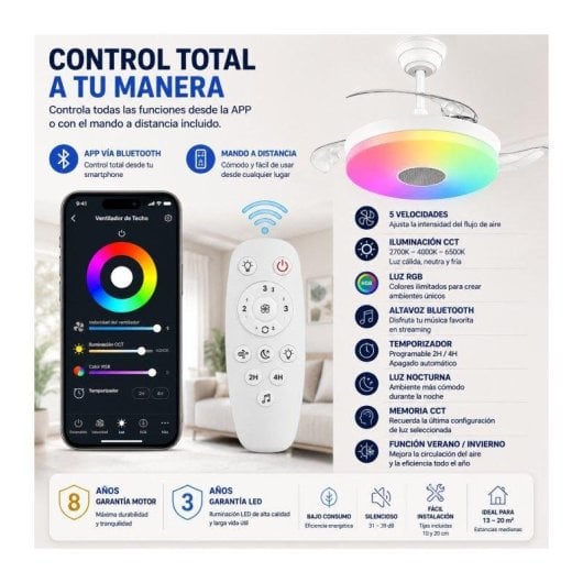 Ventilador de Techo con Luz Bilake ONE 48W 41cm 5 Velocidades Motor DC Aspas Retráctiles Mando Bluetooth RGB Altavoz