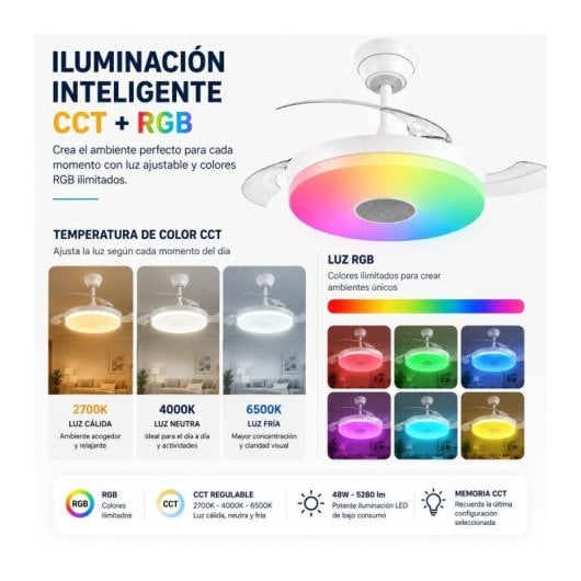 Ventilador de Techo con Luz Bilake ONE 48W 41cm 5 Velocidades Motor DC Aspas Retráctiles Mando Bluetooth RGB Altavoz