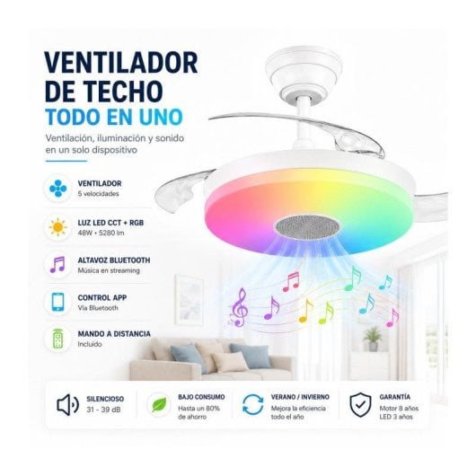 Ventilador de Techo con Luz Bilake ONE 48W 41cm 5 Velocidades Motor DC Aspas Retráctiles Mando Bluetooth RGB Altavoz
