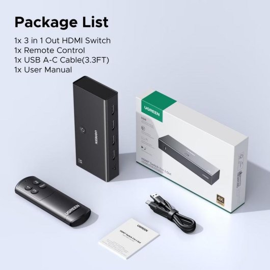 Commutatore HDMI Ugreen 3 in 1 4K@60Hz con Telecomando