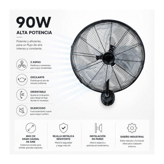 Ventilador de Pared Bilake Arrecife 90W 45cm Oscilante Silencioso Cabezal Inclinable