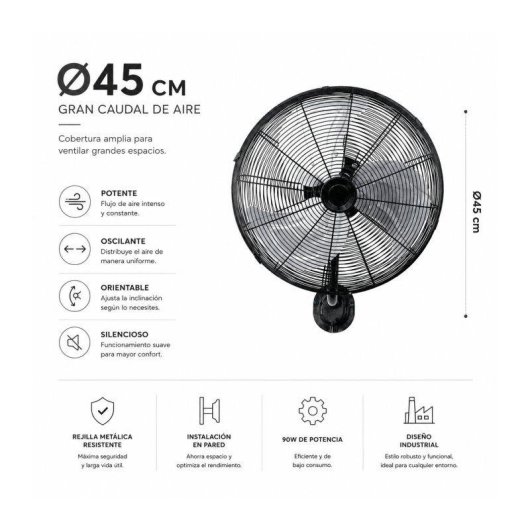 Ventilador de Pared Bilake Arrecife 90W 45cm Oscilante Silencioso Cabezal Inclinable
