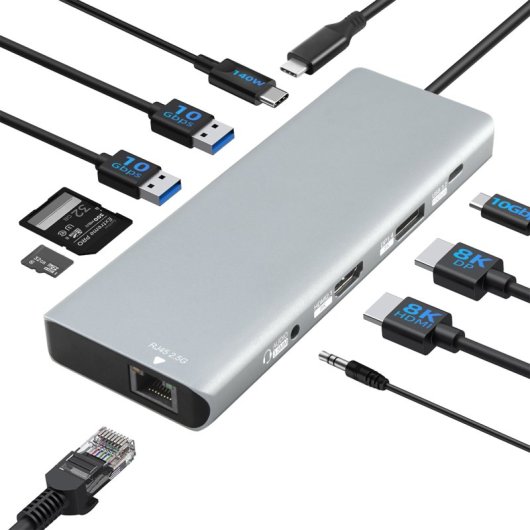 Kimex Estación De Acoplamiento Usb-c 10 En 1 A 8k Dp1.4 + Hdmi 2.1 10g