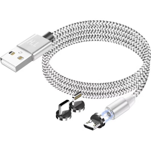 Cabo de carga magnético 3-em-1 Avizar USB-A para USB-C e Lightning 1m