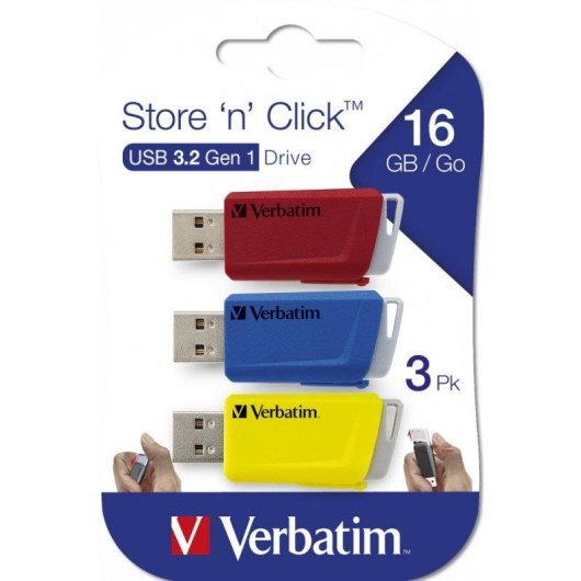 USB-Stick Verbatim Store 'n' Click 3x16GB USB 3.2 Gen1 Rot Blau Gelb