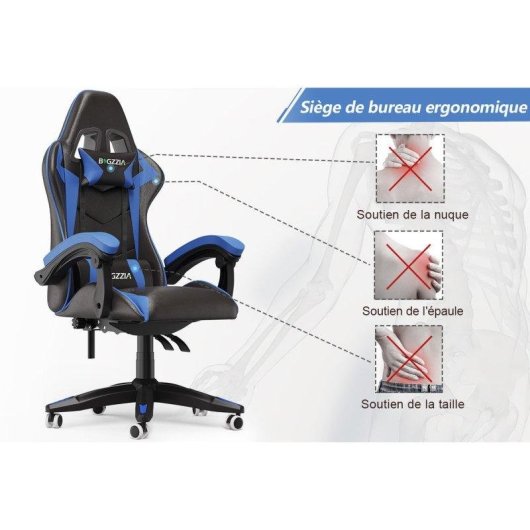 Chaise Naspaluro Ergonomique Gaming Noir et Bleu Réglable
