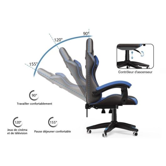 Chaise Naspaluro Ergonomique Gaming Noir et Bleu Réglable