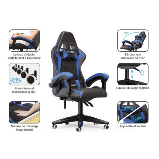 Chaise Naspaluro Ergonomique Gaming Noir et Bleu Réglable