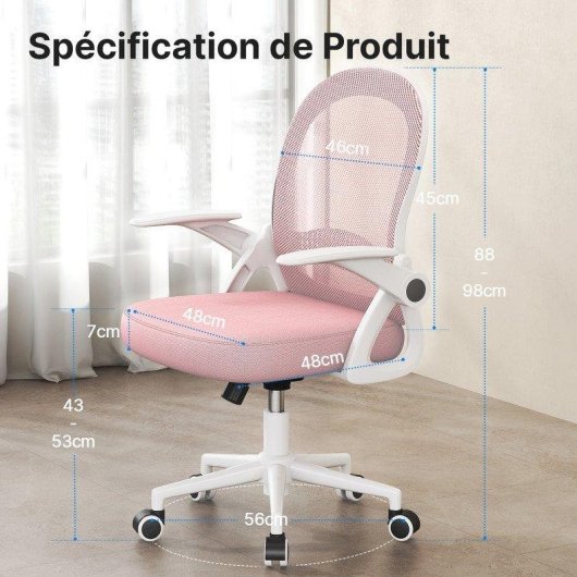 Chaise de bureau Naspaluro rose, ergonomique et maille respirante