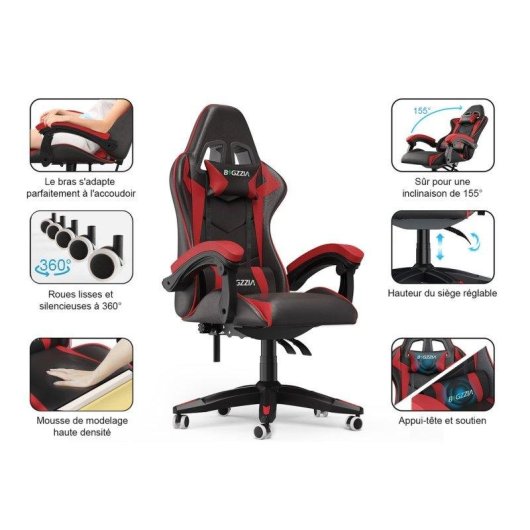 Chaise de bureau Naspaluro Gaming ergonomique réglable noir rouge