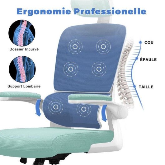 Silla de oficina Naspaluro ergonómica verde con reposabrazos plegables y soporte lumbar