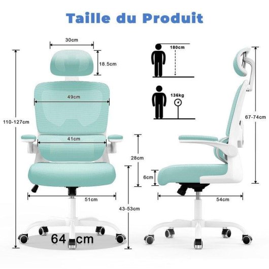 Silla de oficina Naspaluro ergonómica verde con reposabrazos plegables y soporte lumbar