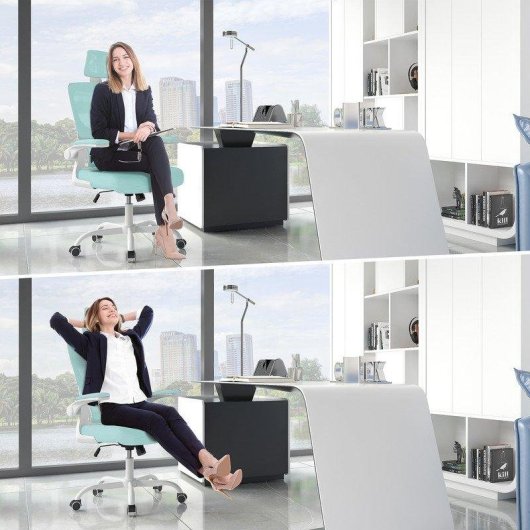 Silla de oficina Naspaluro ergonómica verde con reposabrazos plegables y soporte lumbar
