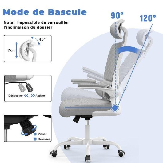 Chaise de bureau ergonomique Naspaluro avec accoudoirs rabat 90° et soutien lombaire gris