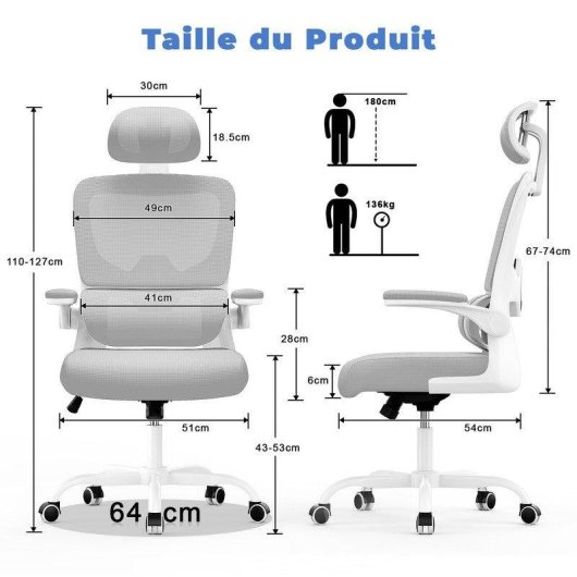 Chaise de bureau ergonomique Naspaluro avec accoudoirs rabat 90° et soutien lombaire gris