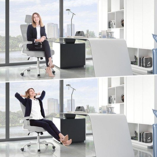 Chaise de bureau ergonomique Naspaluro avec accoudoirs rabat 90° et soutien lombaire gris