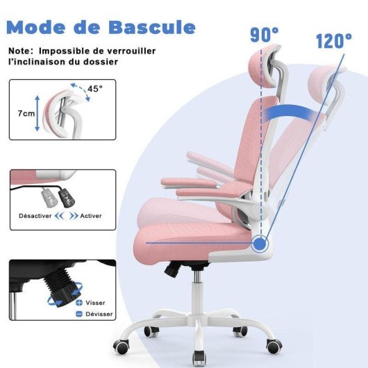 Chaise de Bureau Ergonomique Naspaluro Reposabrazos Pliable 90° Support Lombaire Réglable Hauteur Rose