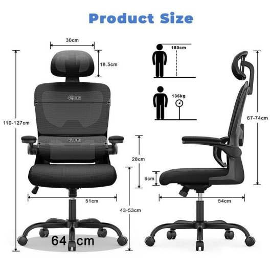 Chaise de bureau ergonomique Naspaluro avec accoudoirs rabattables et support lombaire