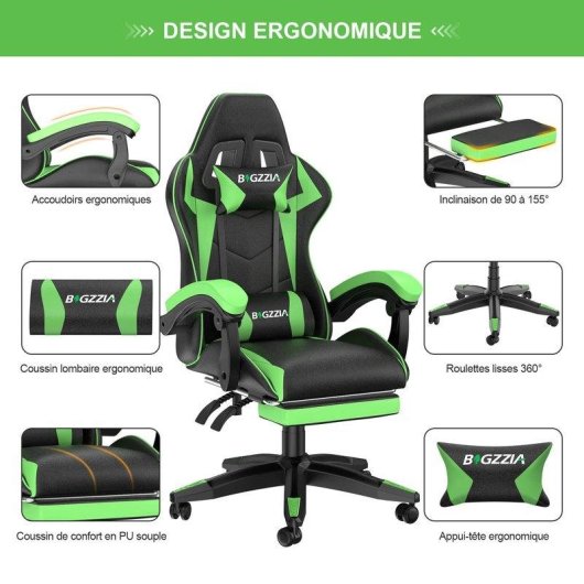 Chaise de Bureau Naspaluro Ergonomique Gaming Cuir PU Repos-tête