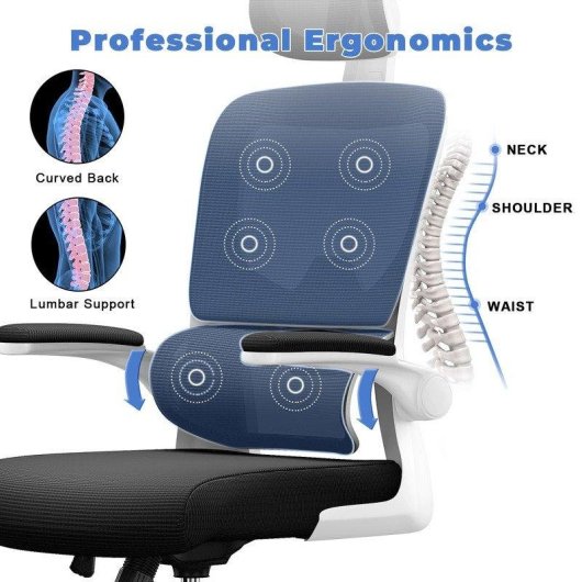 Chaise de Bureau Ergonomique Naspaluro - Accoudoirs Repliables 90° - Support Lombaire - Réglable en Hauteur - Blanche
