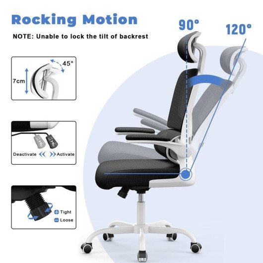Chaise de Bureau Ergonomique Naspaluro - Accoudoirs Repliables 90° - Support Lombaire - Réglable en Hauteur - Blanche