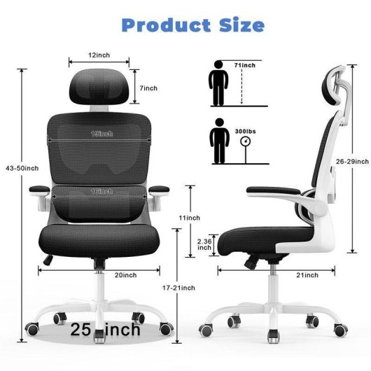 Chaise de Bureau Ergonomique Naspaluro - Accoudoirs Repliables 90° - Support Lombaire - Réglable en Hauteur - Blanche