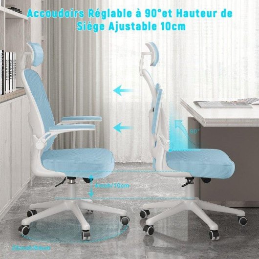Chaise de bureau Naspaluro ergonomique réglable avec appui-tête bleu