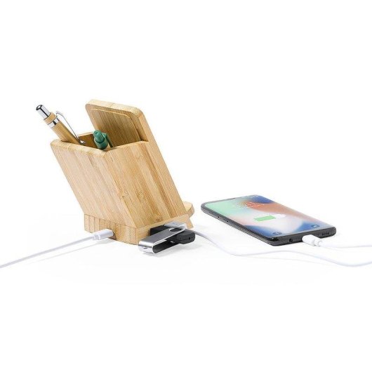 Porta penne multifunzionale Caricatore wireless 5W Nature Bamboo 4 Porte USB 2.0