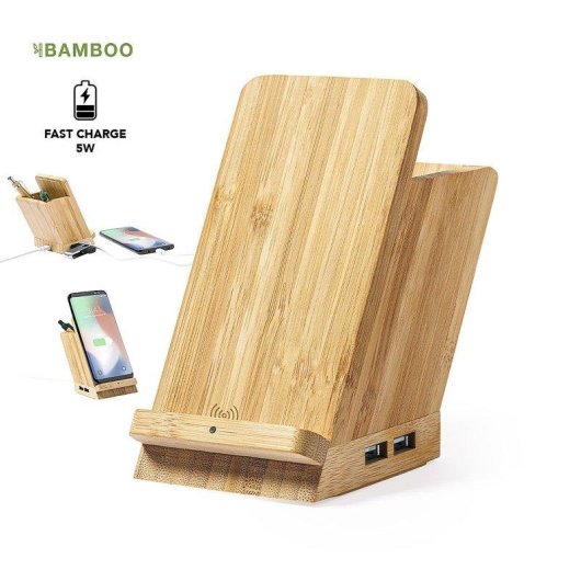 Porta penne multifunzionale Caricatore wireless 5W Nature Bamboo 4 Porte USB 2.0