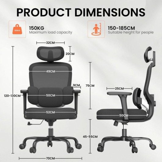 Chaise de Bureau Ergonomique Naspaluro avec Support Lombaire Ajustable