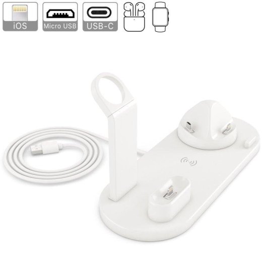 4-in-1 Ladestation mit kabelloser Qi-Ladung, drehbarer Lightning, USB-C und Micro-USB-Halterung für Apple Watch und AirPods