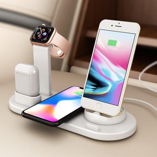 4-in-1 Ladestation mit kabelloser Qi-Ladung, drehbarer Lightning, USB-C und Micro-USB-Halterung für Apple Watch und AirPods