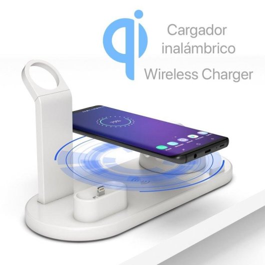 4-in-1 Ladestation mit kabelloser Qi-Ladung, drehbarer Lightning, USB-C und Micro-USB-Halterung für Apple Watch und AirPods