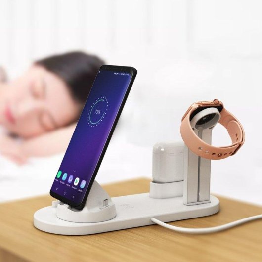 4-in-1 Ladestation mit kabelloser Qi-Ladung, drehbarer Lightning, USB-C und Micro-USB-Halterung für Apple Watch und AirPods