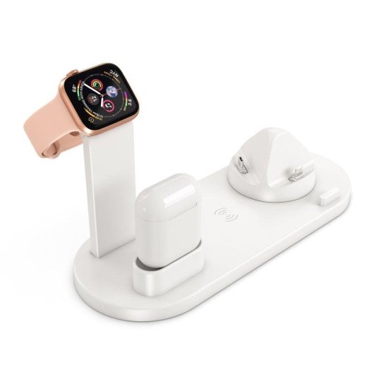4-in-1 Ladestation mit kabelloser Qi-Ladung, drehbarer Lightning, USB-C und Micro-USB-Halterung für Apple Watch und AirPods