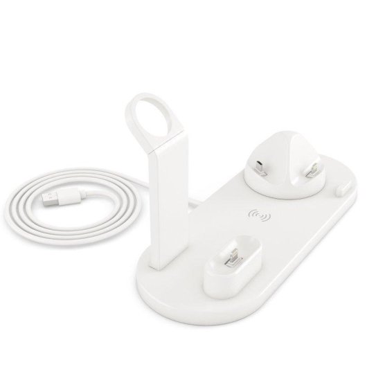 4-in-1 Ladestation mit kabelloser Qi-Ladung, drehbarer Lightning, USB-C und Micro-USB-Halterung für Apple Watch und AirPods