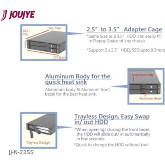 Boîtier Joujye JJ-N-22SS Aluminium 2 baies 2,5" SATA Hot-Swap