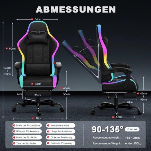 Chaise Gaming Autrucker Ergonomique RGB Repose-pieds