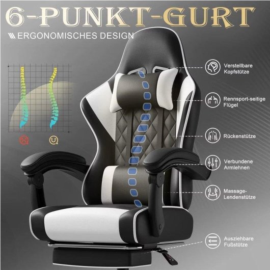 Sedia Gaming Autrucker Massaggio Vibrazioni, Poggiatesta Regolabile, Inclinazione 135°, Girevole 360°