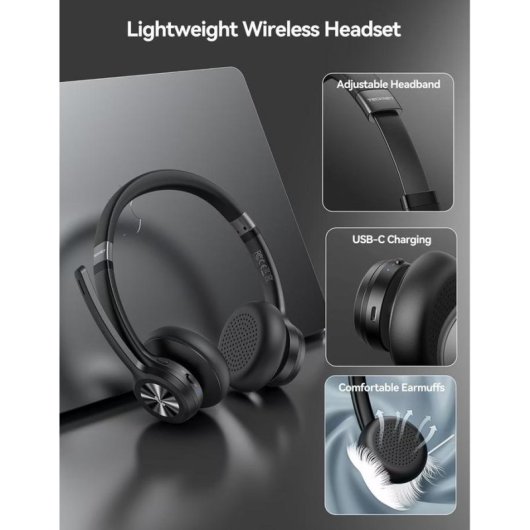 Auriculares Tecknet sans fil Bluetooth 5.2 avec réduction passive du bruit, micro et 50h autonomie, noirs