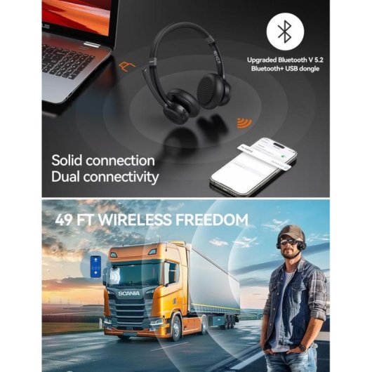 Casque Tecknet sans fil Bluetooth USB pour bureau avec réduction de bruit noir