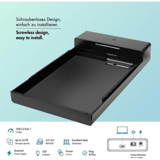 Caja PC LogiLink UA0460 2.5" y 3.5" HDD SSD Plástico Negro con Thunderbolt