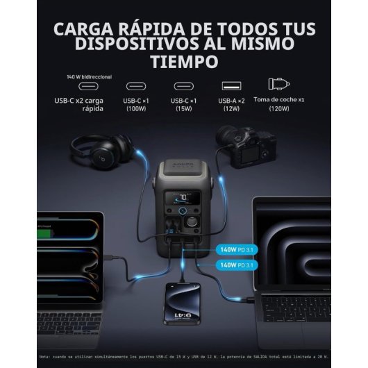 Estação de energia Anker Solix C300X 288Wh 7 portas DC, USB Bateria LiFePO4 Ecrã LCD Carregador solar