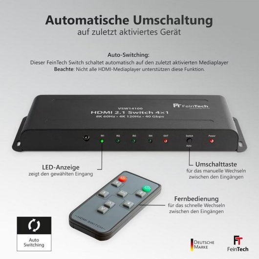 Commutateur HDMI FeinTech VSW14100 4 entrees 8K 120Hz HDR VRR