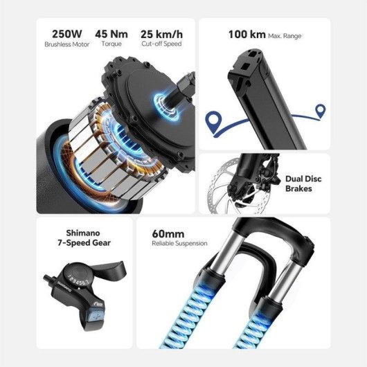 Vélo électrique Touroll J2 250W 561,6Wh 100km Shimano 7 vitesses Bleu