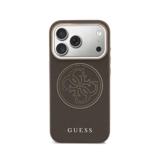 Guess Hülle Lederoptik mit Perforiertem Logo Braun MagSafe kompatibel für iPhone 17 Pro